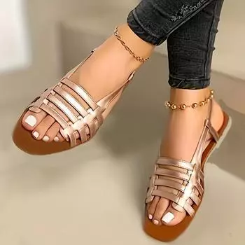 Женские стильные сандалии с открытым носком на плоской подошве с ремешком — нескользящая пляжная обувь без шнуровки для повседневной ходьбы 36 золотистый