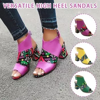 Женские стильные сандалии с принтом, ботинки с открытым носком и ремешком на липучке, летняя обувь на высоком каблуке 38 зелёный