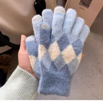 Женские стильные зимние перчатки для велоспорта с сенсорным экраном: Плотный, симпатичный клетчатый плюшевый дизайн для комфорта в любую погоду One Size