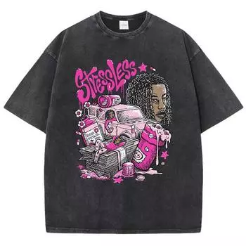 Женские стираные футболки без стресса, забавные с принтом манги, с коротким рукавом, хлопковые, состаренные, оверсайз, с круглым вырезом, топы, уличная одежда M