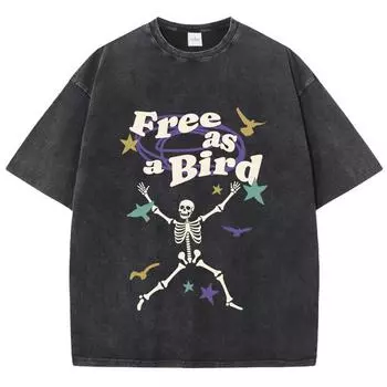 Женские стираные футболки Free As Bird Skeleton Man Printed Tee Shirts Удобные хлопковые футболки больших размеров Одежда S