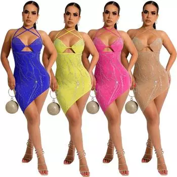 Женские Стразы Без Рукавов Холтер Ажурные Невесты Подружки Невесты Свадебные Короткие Платья Вечерние Мини Бальные Платья S бежевый