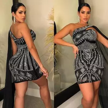 Женские Стразы Одно Плечо Без Рукавов Сетчатые Лоскутные Невесты Подружки Невесты Свадебные Короткие Платья Вечерние Мини Бальные Платья S чёрный