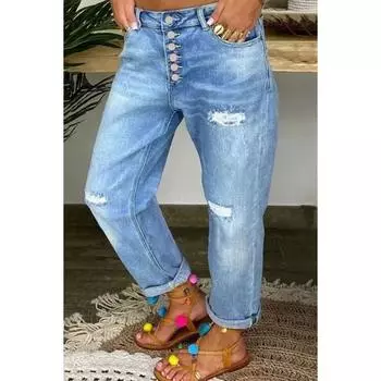 Женские стрейчевые джинсы - Удобный свободный крой, Однобортный дизайн, Выстиранный стиль прямых брючин, Универсальны для всех сезонов S