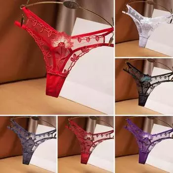 Женские стринги с кружевной вышивкой и низкой талией, однотонные, облегающие трусы