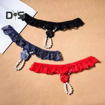 Женские стринги стринги с искусственным жемчугом, кружевная ткань с розовым декором, порнографические сборчатые однотонные женские трусики для медового месяца и брачной ночи