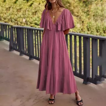 Женские струящиеся макси-длинные платья с глубоким V-образным вырезом и короткими рукавами и открытой спиной L