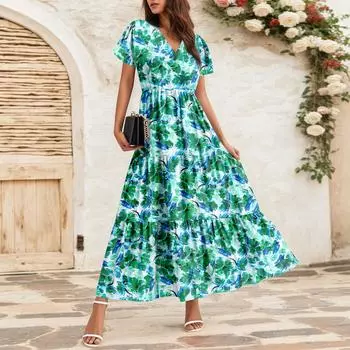 Женские струящиеся платья Женские летние платья Повседневные платья макси с коротким рукавом Официальные платья макси L темно-зеленого