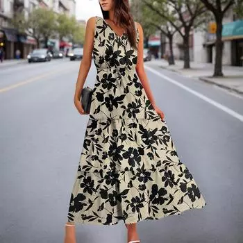 Женские струящиеся платья Женские летние платья Повседневные длинные платья без рукавов Милые длинные платья с цветочным принтом M хаки
