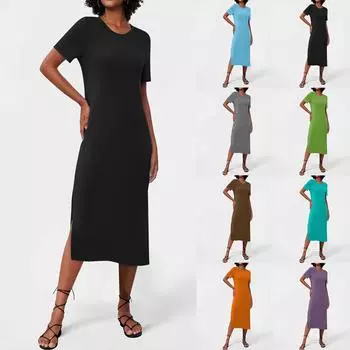 Женские струящиеся платья Женские летние платья Повседневные длинные платья с круглым вырезом Милые длинные платья с цветочным принтом L чёрный