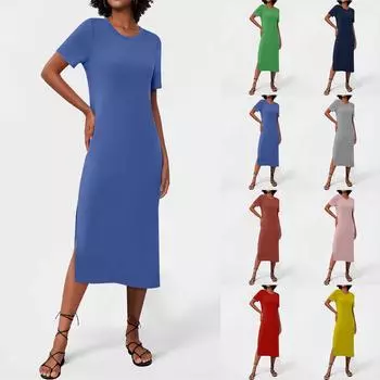 Женские струящиеся платья Женские летние платья Повседневные длинные платья с круглым вырезом Милые длинные платья с цветочным принтом L синий