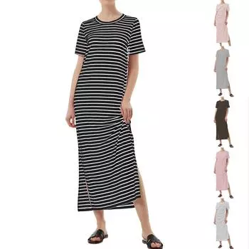 Женские струящиеся платья Женские летние платья Повседневные длинные платья с круглым вырезом Милые длинные платья с цветочным принтом L чёрный