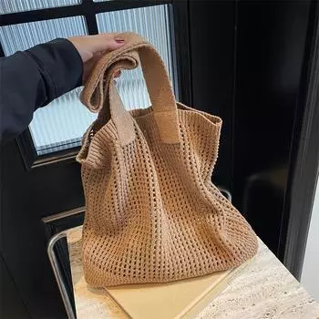 Женские сумки через плечо, большая вместимость, вязаная крючком сумка-тоут, модные новые вязаные сумки, женская полая тканая сумка для покупок 35x33cm бежевый
