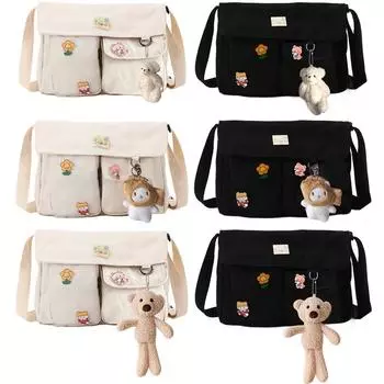 Женские сумки через плечо, японская милая студенческая холщовая сумка для книг с подвесными значками, большая вместительная сумка-мессенджер, сумки White Bear pendant бежевый