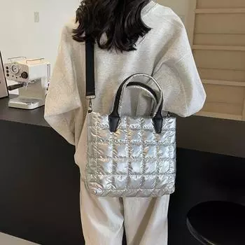 Женские сумки через плечо, женская сумка большой емкости, стеганая сумка-тоут, нейлоновая однотонная сумка-портфель, сумка-пуховик через плечо One Size серебряный