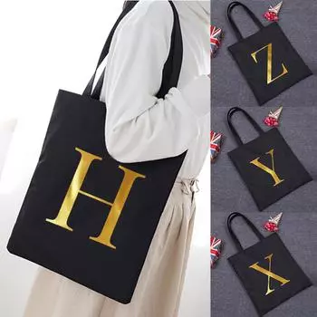 Женские сумки для покупок, эко-шоппер, классическая сумка через плечо с буквами, модная черная сумка с принтом, холщовая большая сумка, чехол для покупок 24*26cm
