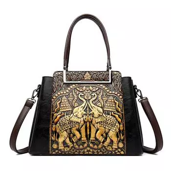 Женские сумки и сумки через плечо с этническим принтом — большая вместимость с художественным тисненым узором чёрный