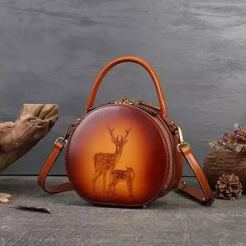 Женские сумки из натуральной кожи, винтажный дизайн, круглые сумки с узором оленя для женщин, женская сумка через плечо, сумки через плечо, кошелек GZW