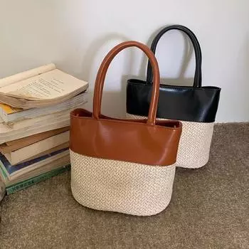 Женские сумки Модные соломенные сумки из кожи с ручкой сверху Летние сумки-тоут большой вместимости Повседневные пляжные сумки через плечо