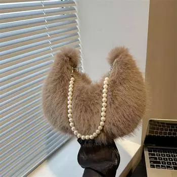 Женские сумки с цепочкой из жемчуга, сумки под мышками из искусственного меха, плюшевая пушистая сумка через плечо для женщин, пушистая сумка-тоут на осень-зиму, большая пушистая сумка через плечо белый