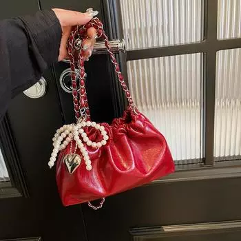 Женские сумки в западном стиле с улучшенной текстурой, новый стандарт моды, жемчужная цепочка, подвеска-дуга, универсальная сумка на одно плечо