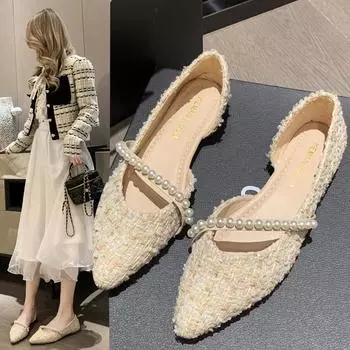 Женские свадебные туфли на плоской подошве, 2024 г., элегантные женские туфли с острым носком на среднем каблуке, пикантные женские туфли для вечеринок, туфли-лодочки, женская обувь 35 бежевый