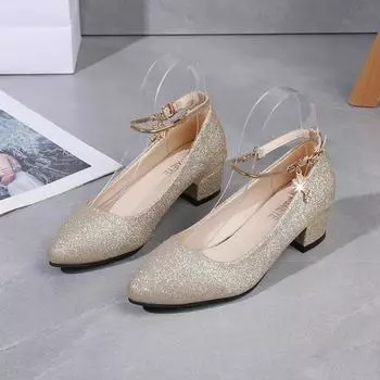 Женские свадебные туфли на высоком каблуке, серебристо-черные весенние туфли-лодочки 2024 с ремешком на щиколотке и кристаллами, туфли-лодочки на неглубоком массивном каблуке, большие размеры 34 чёрный