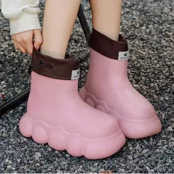 Женские сверхлегкие водонепроницаемые нескользящие сапоги из ЭВА с толстой подошвой, модные зимние плюшевые хлопковые теплые и удобные уличные резиновые сапоги 36-37 чёрный
