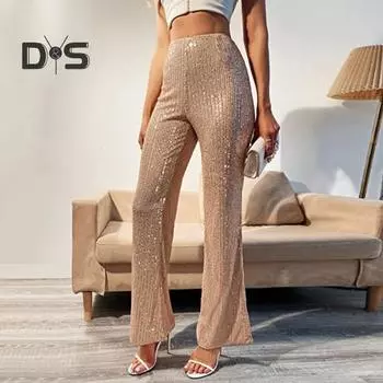 Женские сверкающие брюки с высокой талией, широкие расклешенные брюки, блестящие вечерние брюки с блестками, вечерние брюки, клубная одежда M розы красного