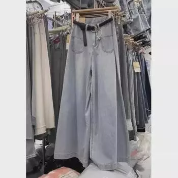 Женские светло-голубые расклешенные джинсы с высокой талией и широкими штанинами - Лето 2024 Small