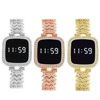 Женские светодиодные часы со стразами, стальной ремешок, сенсорные наручные часы, спортивные повседневные электронные часы серебряный