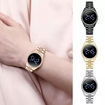 Женские светодиодные цифровые часы с инкрустацией стразами, регулируемый ремешок на запястье, антикоррозийный, изысканный, разборчивый, большой экран, точное время, водонепроницаемые розового золота