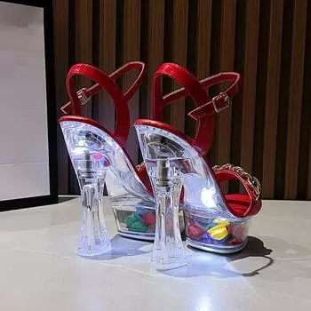 Женские светящиеся босоножки на высоком каблуке с металлической пряжкой на каблуке 14 см, серия 10365, платформа 4 см LFD 34 белый