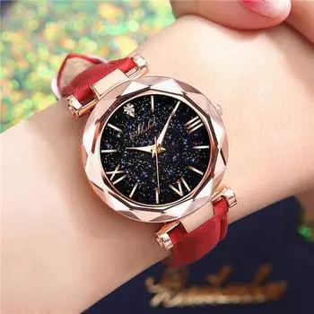 Женские светящиеся часы со звездным небом, кожаный ремешок, часы с римскими цифрами, наручные часы, повседневные часы чёрный