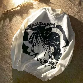 Женские свитера, аниме, вязаный свитер с рукавами, повседневный свитер с принтом, свободный пуловер, готический M белый