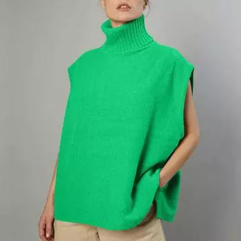 Женские свитера большого размера с высоким воротником, свободный пуловер без рукавов, вязаный зимний джемпер с боковым разрезом, топ XL зелёный