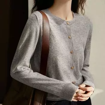 Женские свитера кардиганы 2025 осень зима длинный рукав O-образный вырез черный вязаный свитер женские топы кардиган JJ157 One Size чёрный