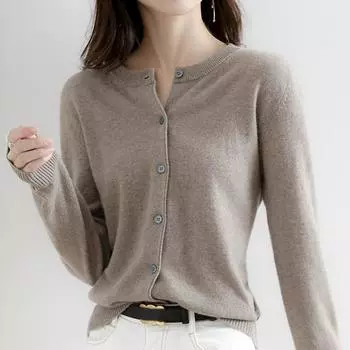 Женские свитера кардиганы 2025 осень зима длинный рукав O-образный вырез черный вязаный свитер женские топы кардиган JJ70 One Size чёрный