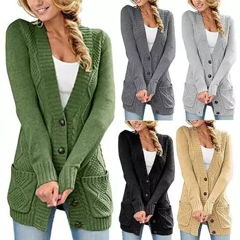 Женские свитера-кардиганы на пуговицах, длинный свитер с открытой передней частью, пальто с карманами, большие размеры L зелёный