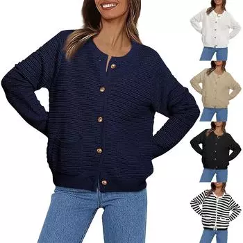 Женские свитера-кардиганы, осенние вязаные кардиганы на пуговицах с открытым передом и длинными рукавами, верхняя одежда с карманами XL чёрный