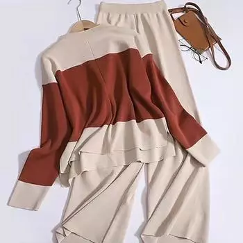 Женские свитера, комплекты брюк, повседневные свитера, костюмы с контрастными цветами, трикотажные свободные, элегантные, с длинным рукавом, осень-зима, эластичные One size чёрный