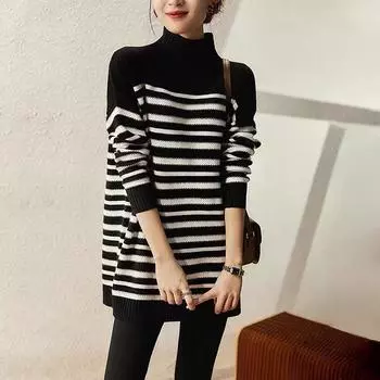 Женские свитера, осень-зима 2023, новые модные свободные пуловеры с воротником-стойкой, корейский топ с длинными рукавами, теплый трикотаж, джемперы большого размера S чёрный