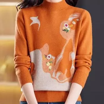 Женские свитера осень-зима с круглым вырезом, жаккардовые свитера, модные, высококлассные, вязаные, с вышивкой, с цветочным контрастом, повседневные, с длинным рукавом S верблюд