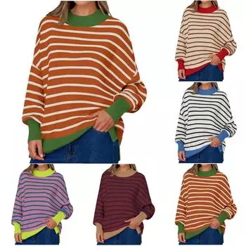 Женские свитера Осенний повседневный модный свитер Полосатый свитер с высоким воротом Свитер с длинным рукавом XXL