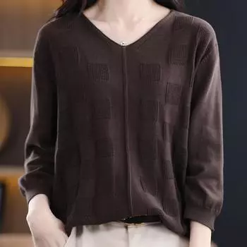 Женские свитера, пуловеры 2025, летний V-образный вырез, офисный женский вязаный свитер, женские топы, пуловер JJ140 One Size жёлтый