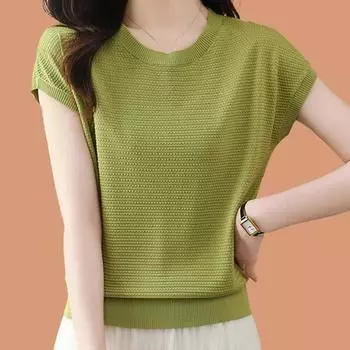 Женские свитера, пуловеры 2025 Лето Без рукавов О-образный вырез Черный вязаный свитер Женские топы Пуловер JJ299 One Size чёрный