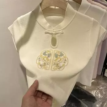 Женские свитера, пуловеры 2025 Лето Без рукавов Воротник-стойка Вышивка Вязаный Черный свитер Женские топы Пуловер JJ247 One Size чёрный