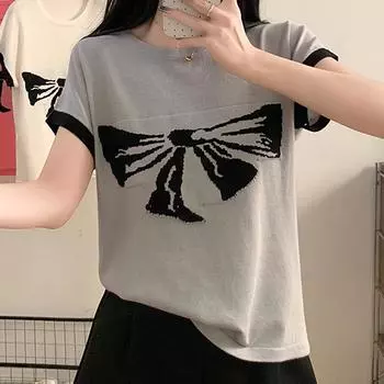 Женские свитера, пуловеры, 2025, лето, короткий рукав, О-образный вырез, принт, вязаный свитер, женские топы, пуловер JJ210 One Size серый