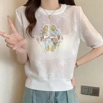 Женские свитера, пуловеры, 2025, лето, короткий рукав, О-образный вырез, вышивка, вязаный свитер, женские топы, пуловер JJ227 One Size