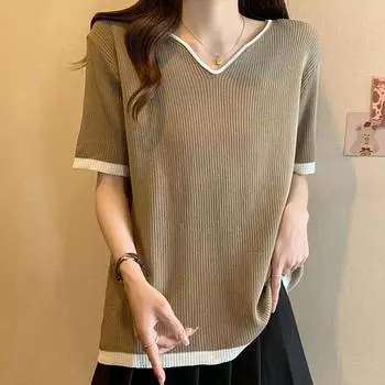 Женские свитера, пуловеры 2025 Лето Короткий рукав V-образный вырез Черный Повседневный вязаный свитер Женские топы Пуловер JJ243 One Size чёрный